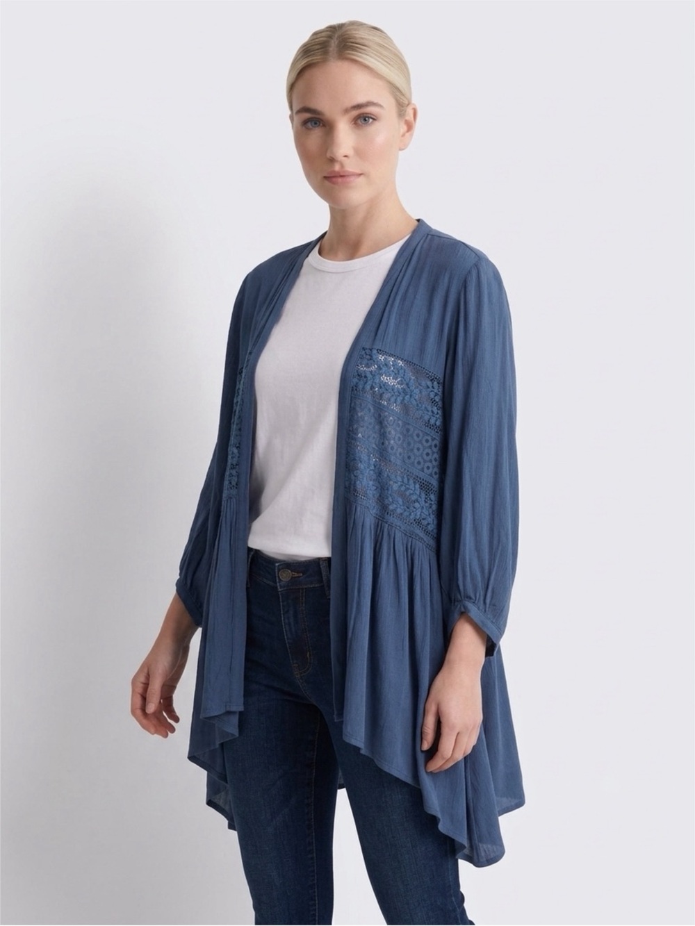 Women’s Open-Front Navy Cardigan with Crochet Panels